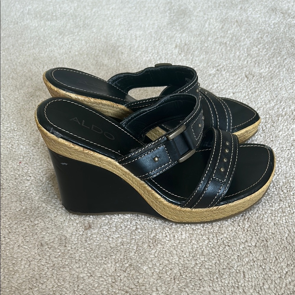 Aldo Black Wedge Sandals size 6.5 US with Perforated Straps